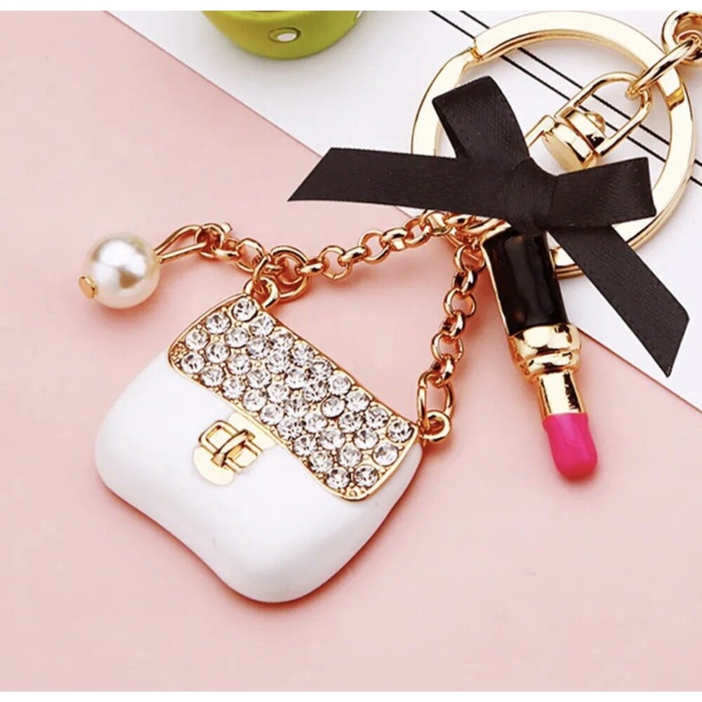 Gold White Enamel Handbag Keychain Rhinestone Pearl Purse Bag Charm NEW